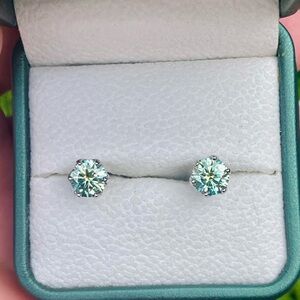 Cyan (Blue Green) Moissanite Stud Earrings, Sterling Silver 6-Prong, 2CTW